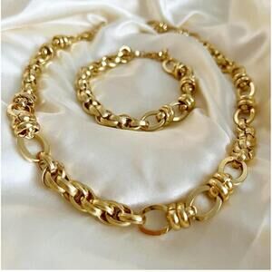 Gold Plated Chunky Chain Necklace SET Stainless Steel Womens Jewelry